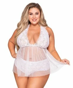 Dreamgirl International Plus Size Retro Short Stretch Lace & Mesh Halter Babydoll With Fly-A-Way Back What's New