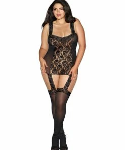 Dreamgirl International Plus Size Rose Lace Gartered Bodystocking