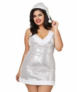Dreamgirl International Plus Size Santa Chemise With Silver Sequin Mesh & Lining