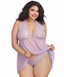 Dreamgirl International Plus Size Scalloped Lace Babydoll With Matching Thong Babydolls & Chemises
