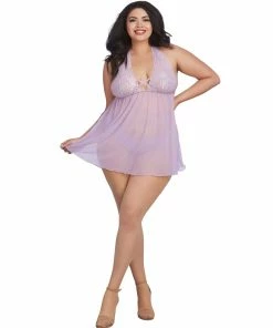 Dreamgirl International Plus Size Scalloped Lace Babydoll With Matching Thong Babydolls & Chemises