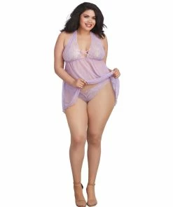 Dreamgirl International Plus Size Scalloped Lace Babydoll With Matching Thong Babydolls & Chemises