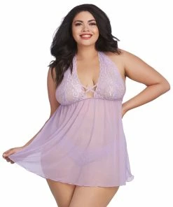 Dreamgirl International Plus Size Scalloped Lace Babydoll With Matching Thong Babydolls & Chemises