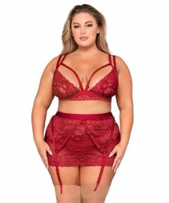 Dreamgirl International What's New Plus Size Scalloped Lace Bralette, Garterskirt & G-String Set With Studded Strapping