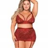 Dreamgirl International What's New Plus Size Scalloped Lace Bralette, Garterskirt & G-String Set With Studded Strapping