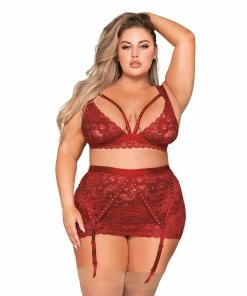 Dreamgirl International What's New Plus Size Scalloped Lace Bralette, Garterskirt & G-String Set With Studded Strapping