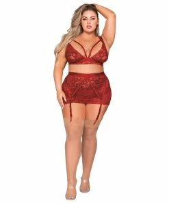 Dreamgirl International What's New Plus Size Scalloped Lace Bralette, Garterskirt & G-String Set With Studded Strapping