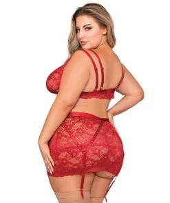 Dreamgirl International What's New Plus Size Scalloped Lace Bralette, Garterskirt & G-String Set With Studded Strapping