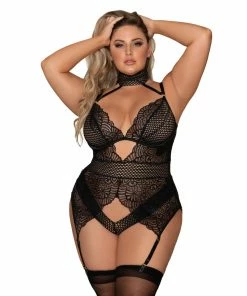 Dreamgirl International Plus Size Scalloped Stretch Lace Garterteddy With Collar