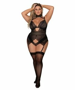 Dreamgirl International Plus Size Scalloped Stretch Lace Garterteddy With Collar