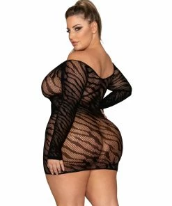Dreamgirl International Plus Size Seamless Zebra Patterned Off-Shoulder Chemise With Thumbholes What's New