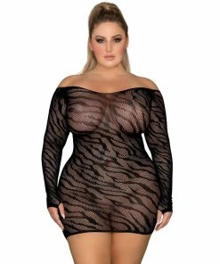 Dreamgirl International Plus Size Seamless Zebra Patterned Off-Shoulder Chemise With Thumbholes What's New