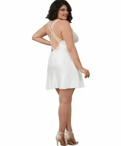 Dreamgirl International Bridal Collection Plus Size Silky Satin Charmeuse Chemise With Eyelash Lace