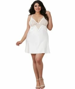 Dreamgirl International Bridal Collection Plus Size Silky Satin Charmeuse Chemise With Eyelash Lace