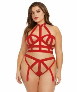 Dreamgirl International Plus Size Strappy Elastic Bralette & Garter Panty Set With Back Neck Closures