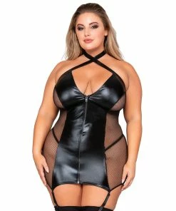 Dreamgirl International What's New Plus Size Stretch Faux-Leather & Fishnet Garter Slip With Halter Neckline & Matching G-String