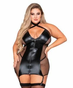 Dreamgirl International What's New Plus Size Stretch Faux-Leather & Fishnet Garter Slip With Halter Neckline & Matching G-String
