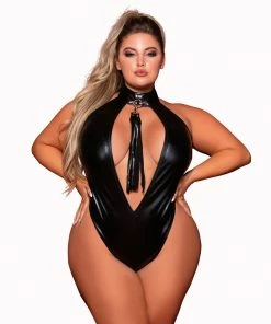 Dreamgirl International What's New Plus Size Stretch Faux-Leather Halter Teddy With Studded Collar & Flogger Accessory