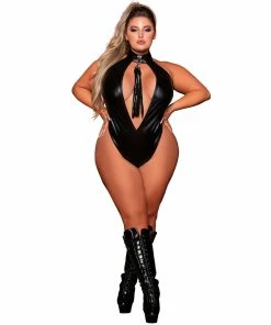 Dreamgirl International What's New Plus Size Stretch Faux-Leather Halter Teddy With Studded Collar & Flogger Accessory