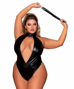 Dreamgirl International What's New Plus Size Stretch Faux-Leather Halter Teddy With Studded Collar & Flogger Accessory