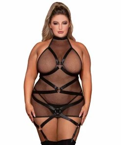 Dreamgirl International What's New Plus Size Stretch Fishnet Halter Garter Slip With Open Back Detail