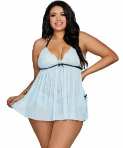 Dreamgirl International Babydolls & Chemises Plus Size Stretch Lace And Mesh Babydoll With Lace Panty Set