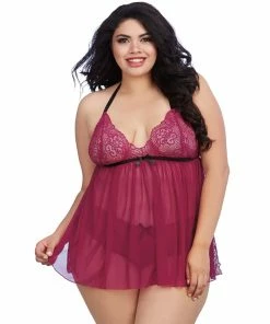 Dreamgirl International Plus Size Stretch Lace And Mesh Babydoll With Lace Panty Set
