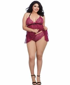Dreamgirl International Babydolls & Chemises Plus Size Stretch Lace And Mesh Babydoll With Lace Panty Set