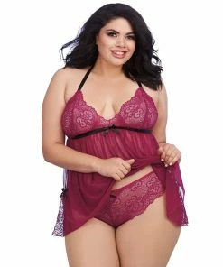 Dreamgirl International Babydolls & Chemises Plus Size Stretch Lace And Mesh Babydoll With Lace Panty Set