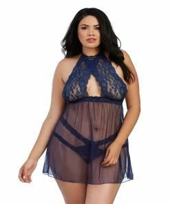 Dreamgirl International Plus Size Stretch Lace And Mesh Babydoll With Matching Panty LINGERIE