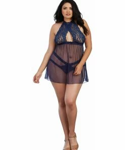 Dreamgirl International Plus Size Stretch Lace And Mesh Babydoll With Matching Panty LINGERIE