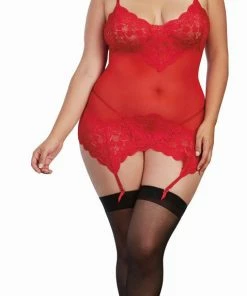 Dreamgirl International Garter Slips Plus Size Stretch Lace And Mesh Garter Slip With G-String
