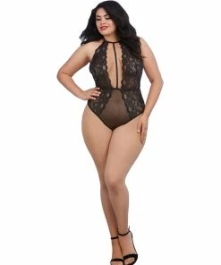 Dreamgirl International Plus Size Stretch Lace And Patterned Mesh Teddy With Plunge Front Bodysuits & Teddies