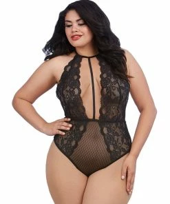 Dreamgirl International Plus Size Stretch Lace And Patterned Mesh Teddy With Plunge Front Bodysuits & Teddies