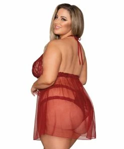 Dreamgirl International Plus Size Stretch Lace Babydoll & Panty Set With Halter Neck & Key Hole Detail
