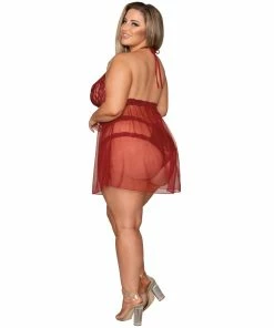 Dreamgirl International Plus Size Stretch Lace Babydoll & Panty Set With Halter Neck & Key Hole Detail