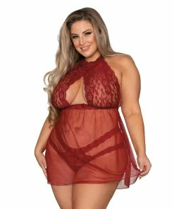 Dreamgirl International Plus Size Stretch Lace Babydoll & Panty Set With Halter Neck & Key Hole Detail