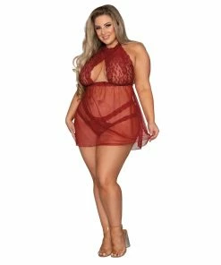 Dreamgirl International Plus Size Stretch Lace Babydoll & Panty Set With Halter Neck & Key Hole Detail
