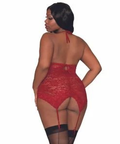 Dreamgirl International Plus Size Stretch Lace Garter Slip & G-String Set With Halter Neck & Back Tie Closure