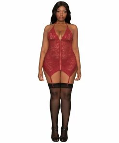 Dreamgirl International Plus Size Stretch Lace Garter Slip & G-String Set With Halter Neck & Back Tie Closure