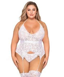 Dreamgirl International Plus Size Stretch Lace Halter Bustier & G-String Set With Pearl Trim