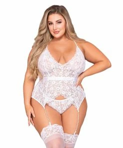 Dreamgirl International Plus Size Stretch Lace Halter Bustier & G-String Set With Pearl Trim