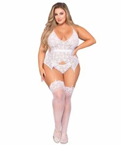 Dreamgirl International Plus Size Stretch Lace Halter Bustier & G-String Set With Pearl Trim