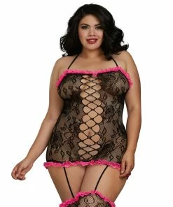 Dreamgirl International Plus Size Stretch Lace Halter Garter Dress With Ruffled Lace Accents