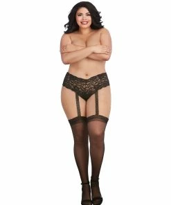 Dreamgirl International Plus Size Stretch Lace Pantyhose Shorts With Attached Thigh Highs