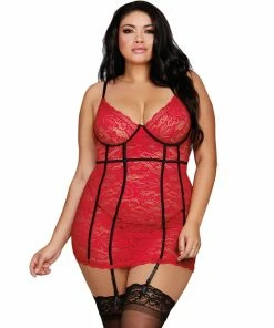 Dreamgirl International Plus Size Stretch Lace Underwire Garter Slip With G-String