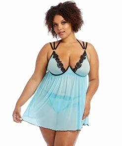 Dreamgirl International Plus Size Stretch Mesh Babydoll With Contrast Venise Trim Detail
