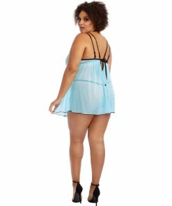 Dreamgirl International Plus Size Stretch Mesh Babydoll With Contrast Venise Trim Detail