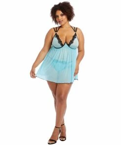 Dreamgirl International Plus Size Stretch Mesh Babydoll With Contrast Venise Trim Detail