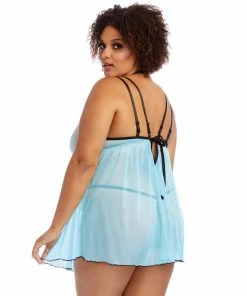 Dreamgirl International Plus Size Stretch Mesh Babydoll With Contrast Venise Trim Detail
